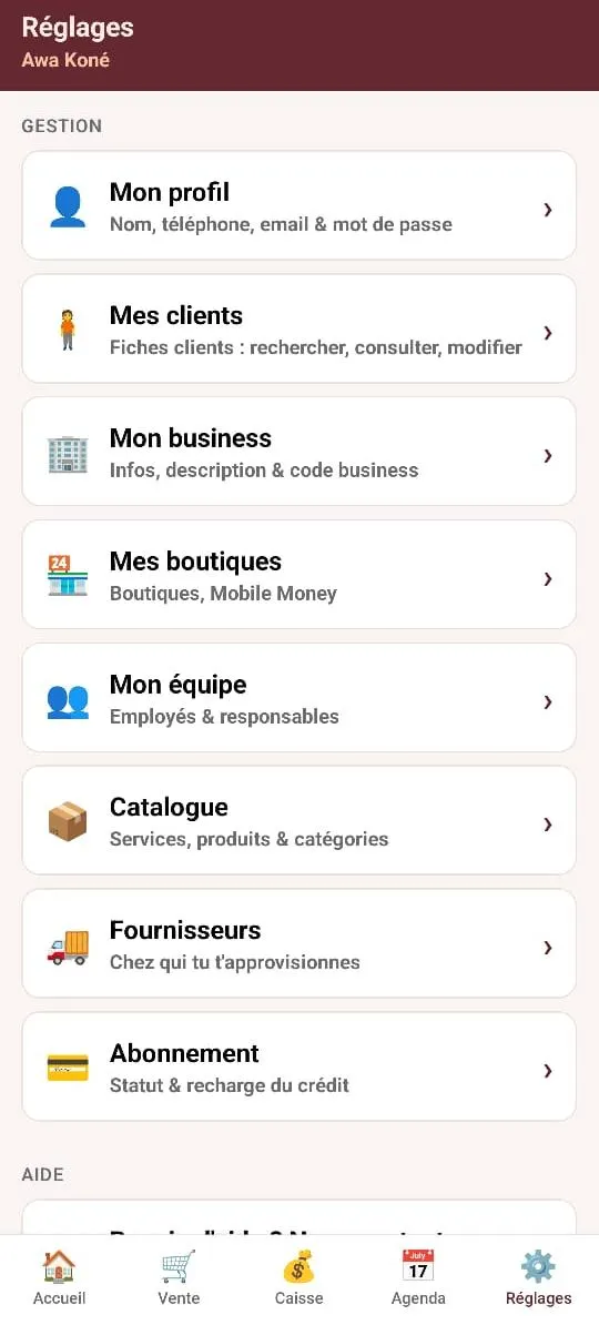 Menu de gestion Kana : boutiques, équipe, catalogue