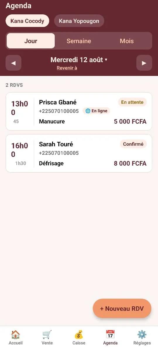 Agenda Kana avec les rendez-vous du jour