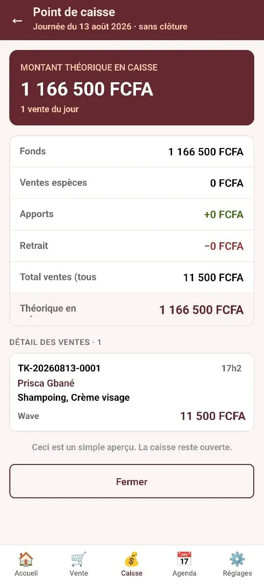 Point de caisse Kana avec le détail des ventes