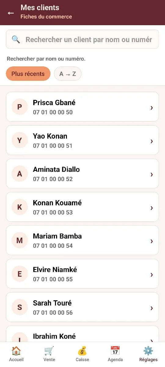 Liste des clients dans Kana